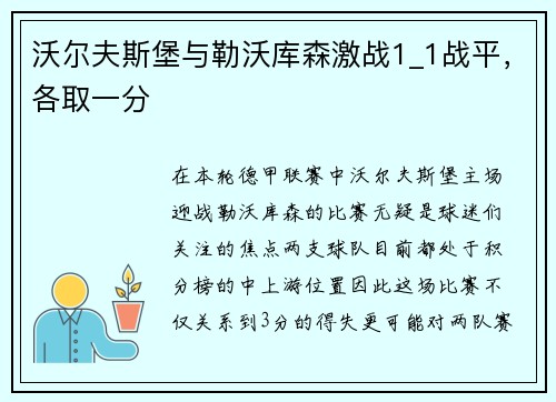 沃尔夫斯堡与勒沃库森激战1_1战平，各取一分