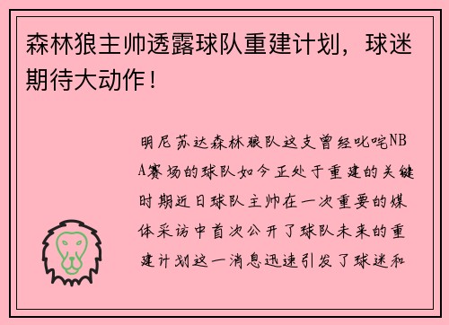 森林狼主帅透露球队重建计划，球迷期待大动作！