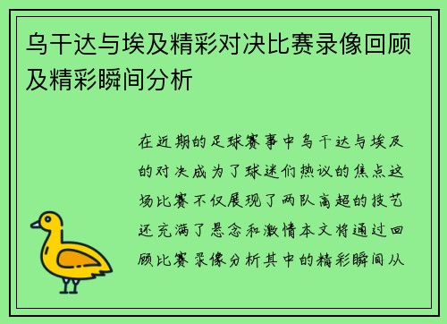 乌干达与埃及精彩对决比赛录像回顾及精彩瞬间分析