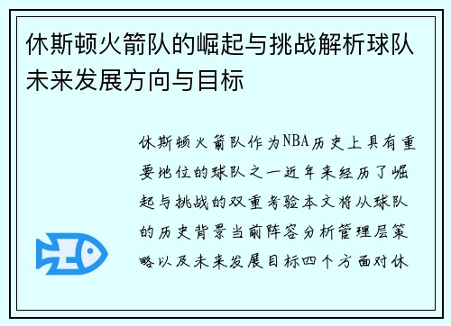休斯顿火箭队的崛起与挑战解析球队未来发展方向与目标